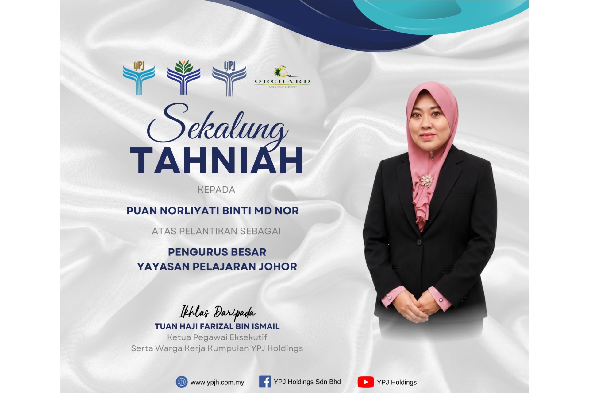 Tahniah diucapkan kepada Puan Norliyati binti Md Nor atas pelantikan sebagai Pengurus Besar YAYASAN PELAJARAN JOHOR.